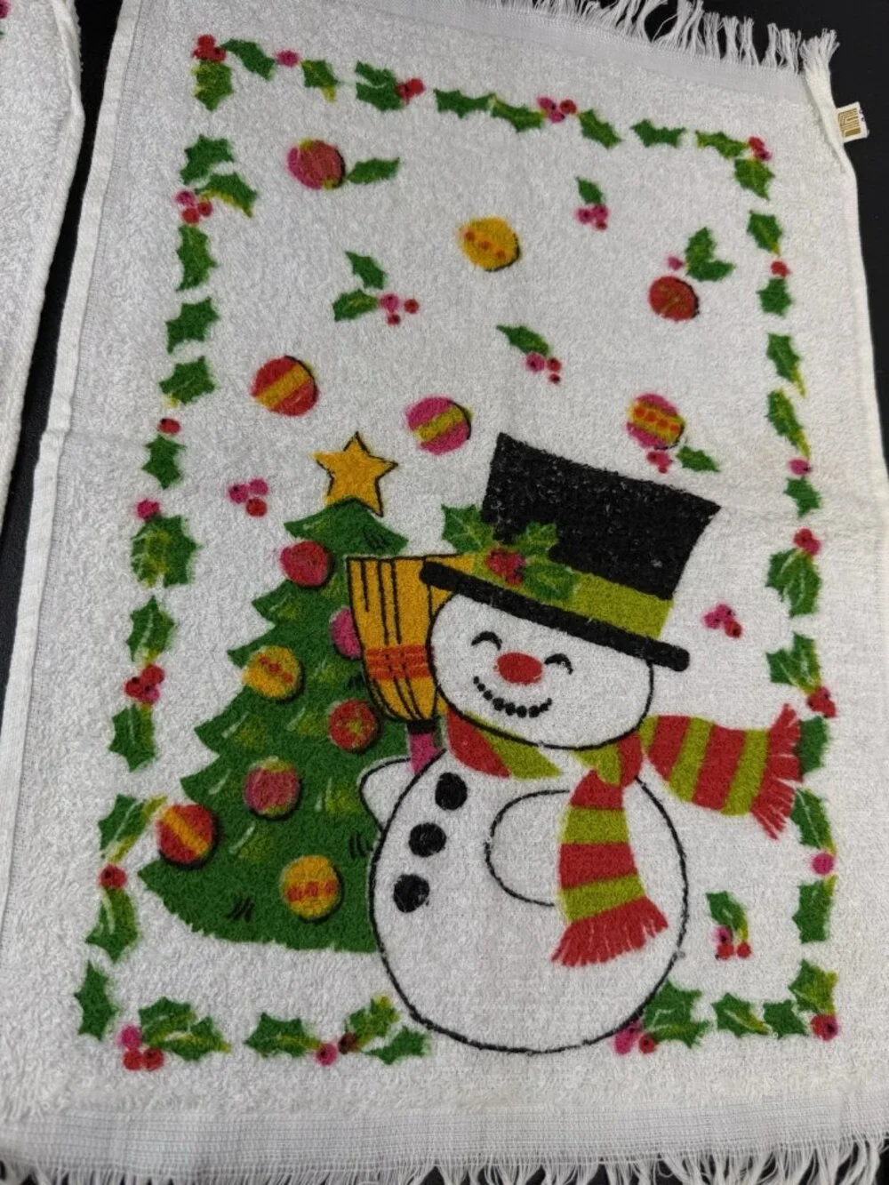 Vintage Retro MCM Christmas Snowman Terry Dish Kitchen Tea Hand Towel Lot Of 2
